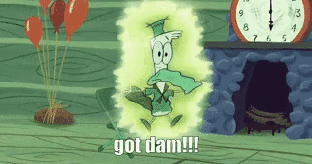 a cartoon character is standing in front of a fireplace with balloons and a clock that says got dam !!!