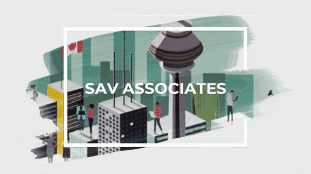 an advertisement for sav associates shows a cityscape