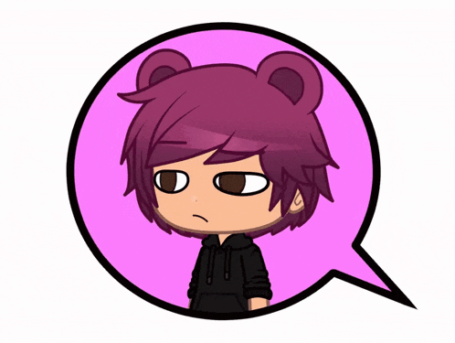 a cartoon of a boy with purple hair and a speech bubble
