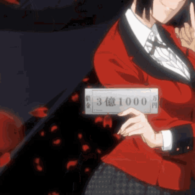 a girl in a red jacket is holding a sign that says 3 1000