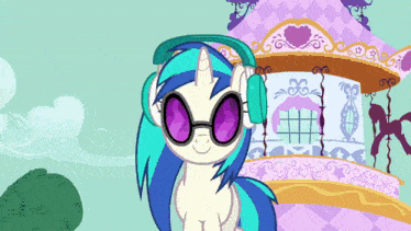 a cartoon pony wearing headphones and sunglasses