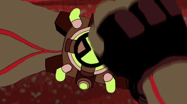 a cartoon drawing of a person holding a device with a green glowing face