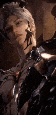 a close up of a person with horns on their head and arms
