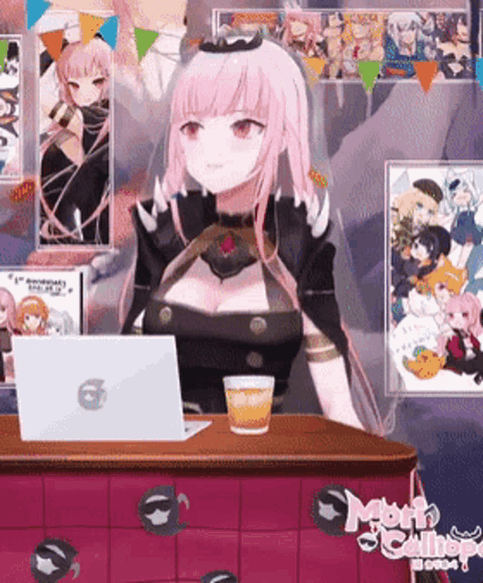 a girl with pink hair sits at a desk with a laptop and a cup of coffee
