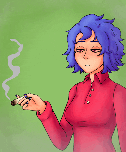 a drawing of a woman with blue hair smoking a cigar