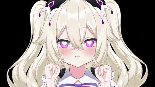 a girl with white hair and purple eyes making a face
