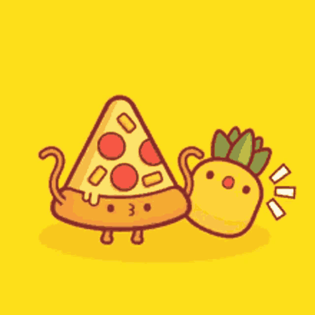 a slice of pizza is standing next to a pineapple on a yellow background .