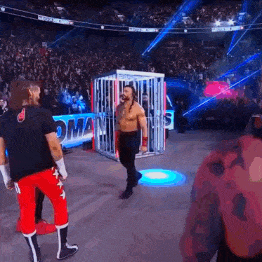 roman reigns is walking out of a cage during a wrestling match .