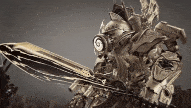 a robot is holding a large sword with a swirl in the middle