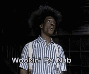 a man in a striped shirt and suspenders says wookin ' pa nub .