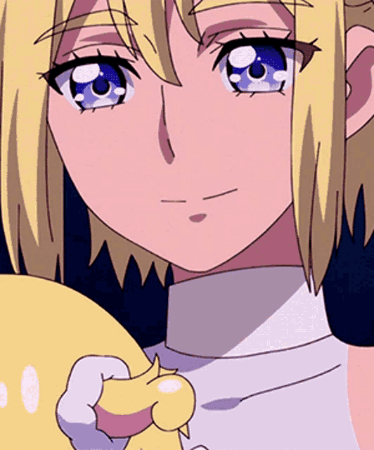 a blonde anime girl with blue eyes is holding a yellow object