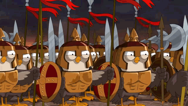 a cartoon army of birds with shields and swords
