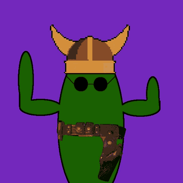 a pixel art of a green cactus wearing a viking hat