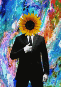 a man in a suit and tie has a sunflower in front of his face