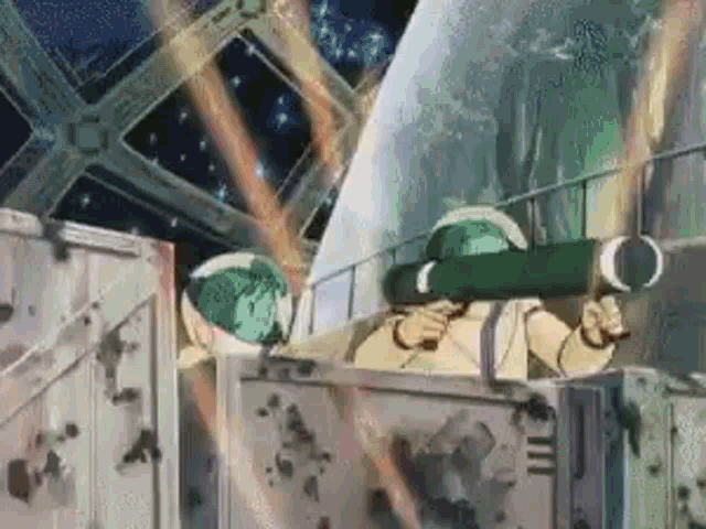 a man in a green helmet is holding a green rocket in a cartoon .