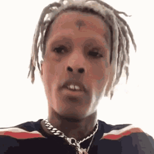 a close up of a man with dreadlocks wearing a striped shirt and a necklace .