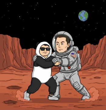 a cartoon of a man in a panda suit hugging an astronaut