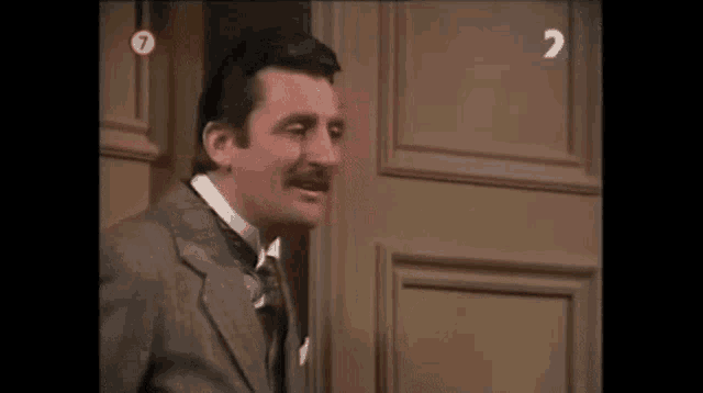 a man in a suit and tie is standing in front of a wooden door and smiling .