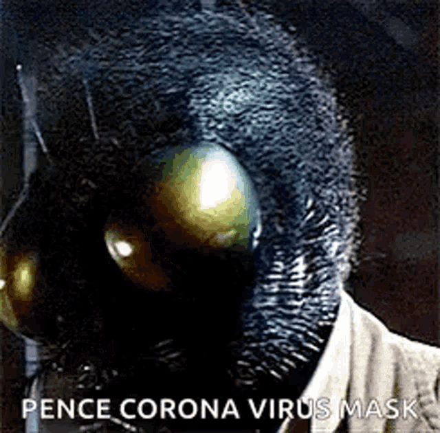 a close up of a person wearing a mask with the words pence corona virus mask on it