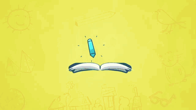 a yellow background with a drawing of a bird a pencil and a book that says wikahallah on it