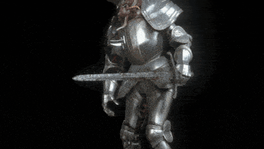 a knight in armor holds a large axe