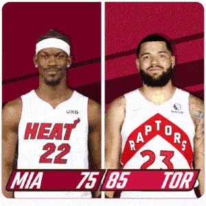 two basketball players wearing heat 22 and raptors 23 jerseys