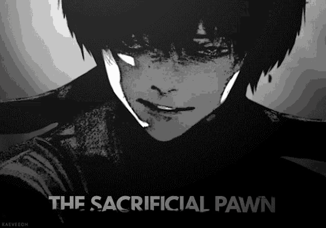 a black and white drawing of a man with the words " the sacrificial pawn " above him
