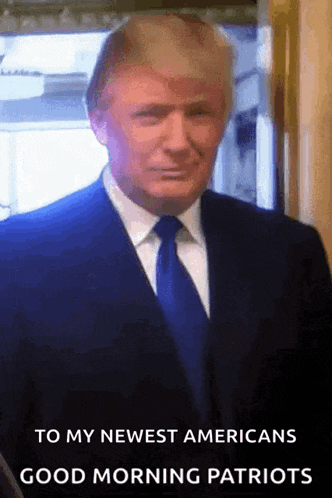 donald trump is wearing a suit and tie and says good morning patriots