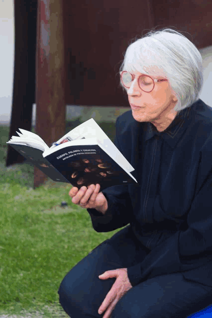 a woman with glasses is reading a book called ghosts in the shadows