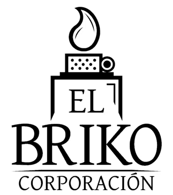 a white logo for el briko investigacion with a lighter and a flame