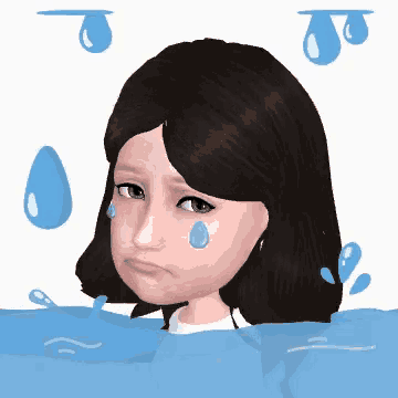 a cartoon girl with tears on her face is surrounded by water drops