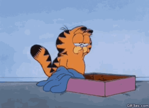 garfield the cat is laying on a pink box with his eyes closed .