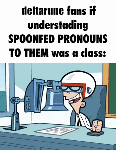 a cartoon of a man sitting at a desk with a spoonfed pronouns to them