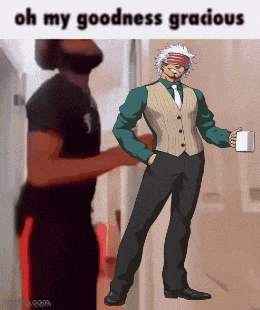 a man in a suit and tie is holding a cup of coffee and a meme says oh my goodness gracious