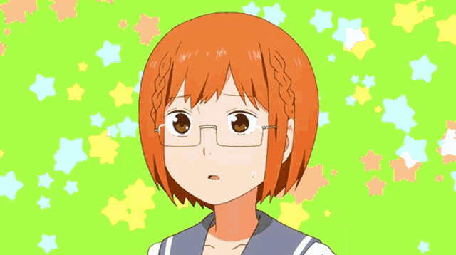 a cartoon girl with cat ears and glasses on a green background with stars
