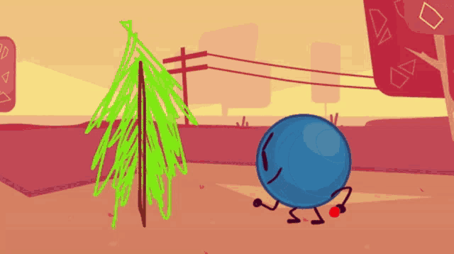 a cartoon drawing of a blue ball standing next to a green tree