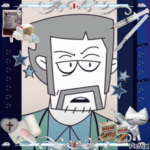a cartoon of a man with a beard is surrounded by bandaids and syringes