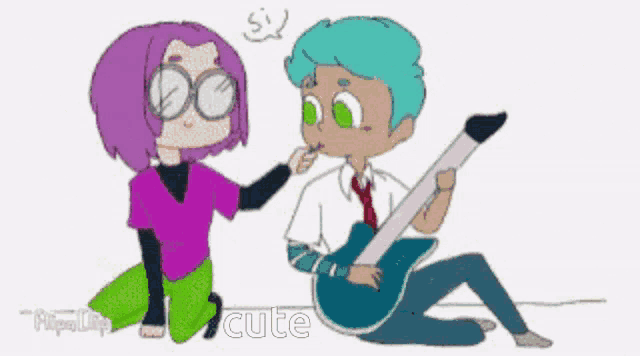 a cartoon of a boy playing a guitar next to a girl with purple hair