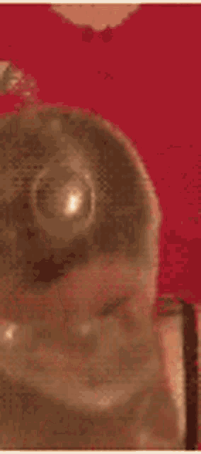 a close up of a woman 's face with a red background and a blurred background .