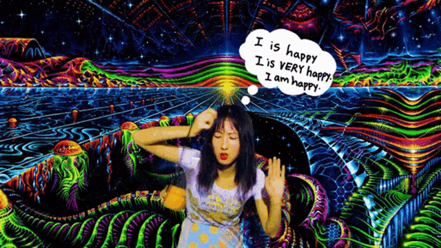 a woman with a speech bubble that says " i is happy "
