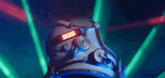 a helmet with the word sos on the front