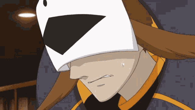 a close up of a cartoon character with a white mask on his face