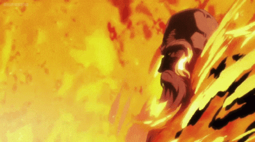 a man 's head is surrounded by flames in a cartoon scene .