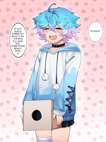 a girl with blue and purple hair is holding a box with a hole in the middle