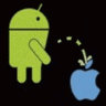 an android is urinating on an apple logo