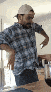 a man wearing a plaid shirt and a hat is standing in a kitchen