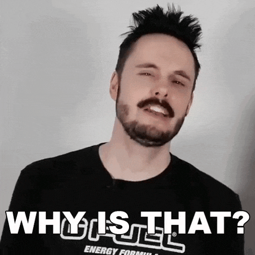 a man with a beard wearing a black shirt that says why is that