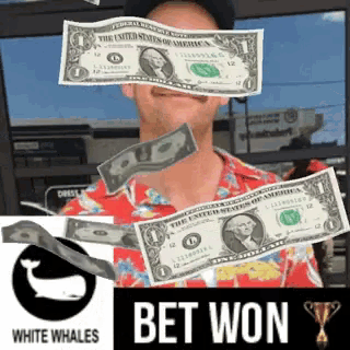 a man is throwing dollar bills in the air with the words " bet won " in the corner