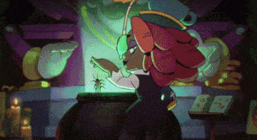 a cartoon of a witch holding a spider in her hand