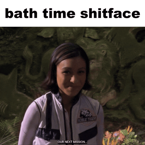 a picture of a girl with the words bath time shitface on top